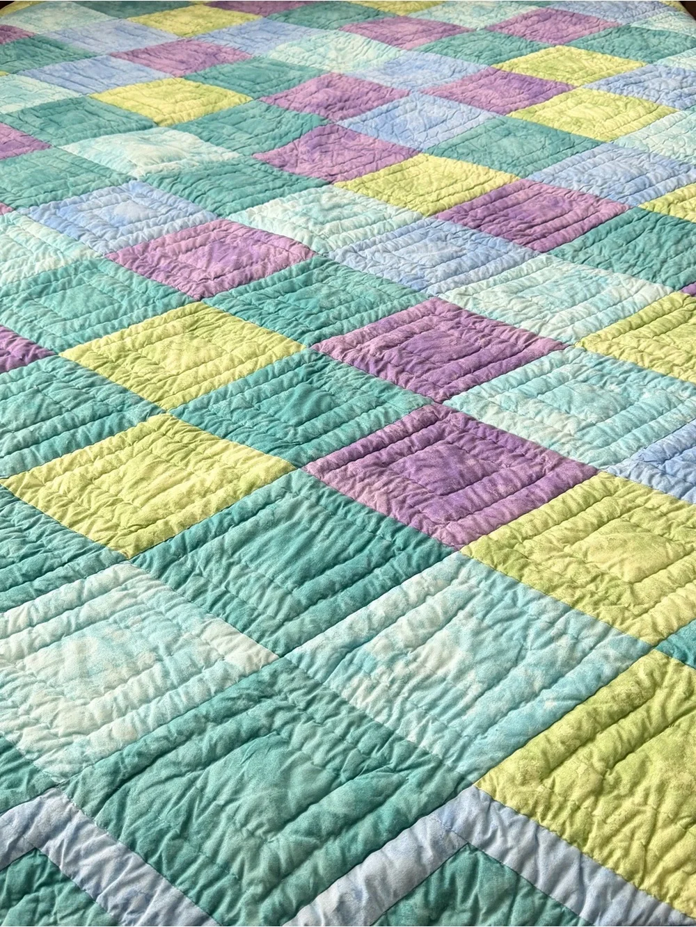 Vintage Pastel Patchwork Cotton  Queen Quilt – 85” x 90”